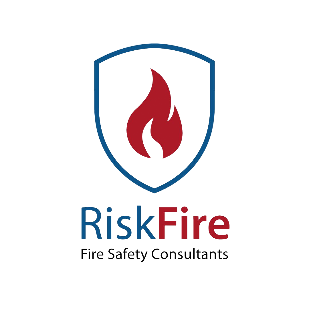 RiskFire logo: Blue shield with red flame inside, blue text