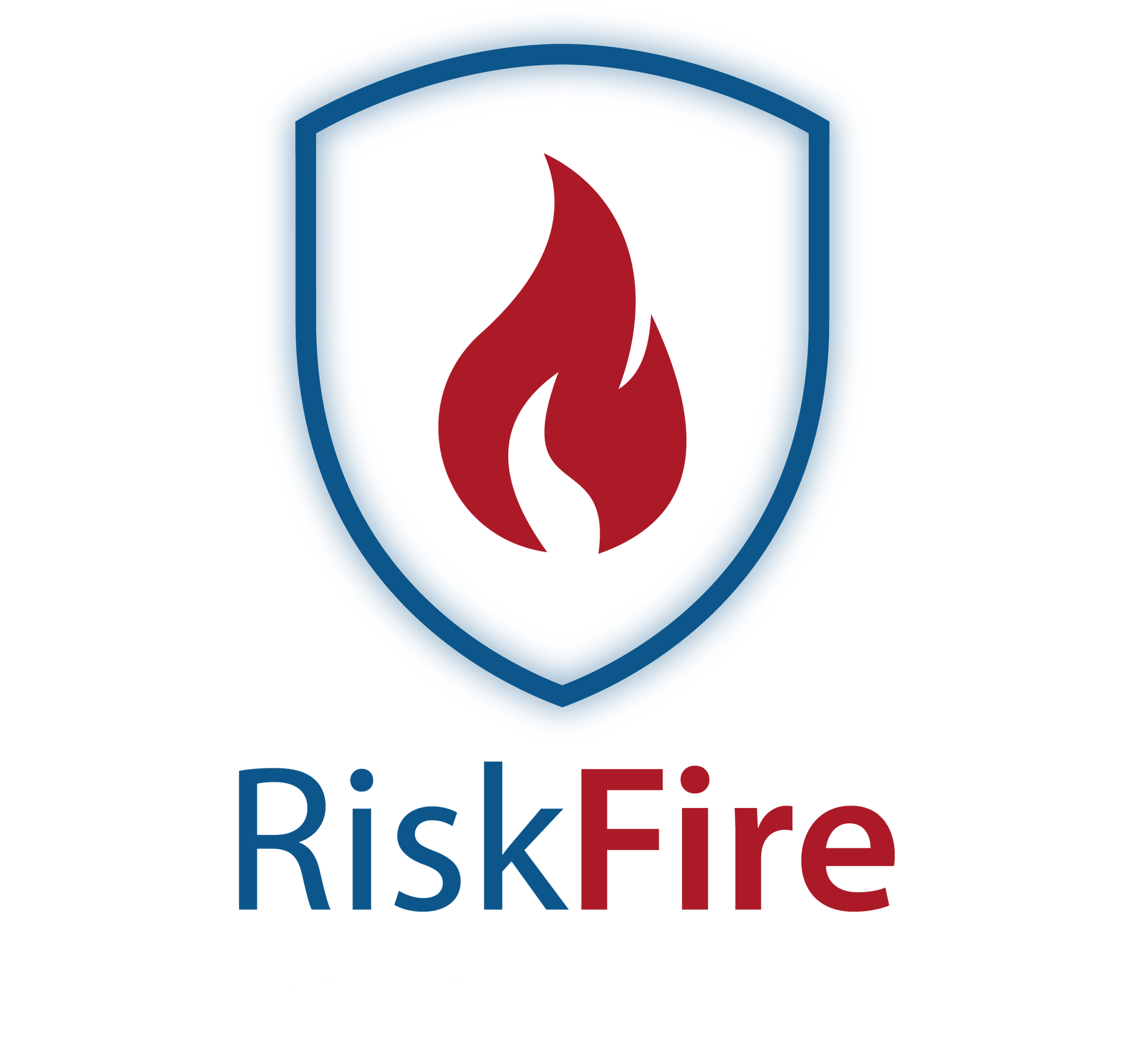 RiskFire logo: Shield with a blue border, red flame icon. Text 