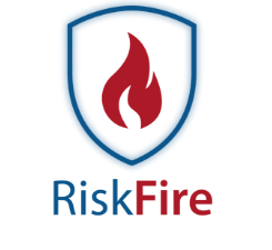 RiskFire logo: Shield with a blue border, red flame icon. Text 