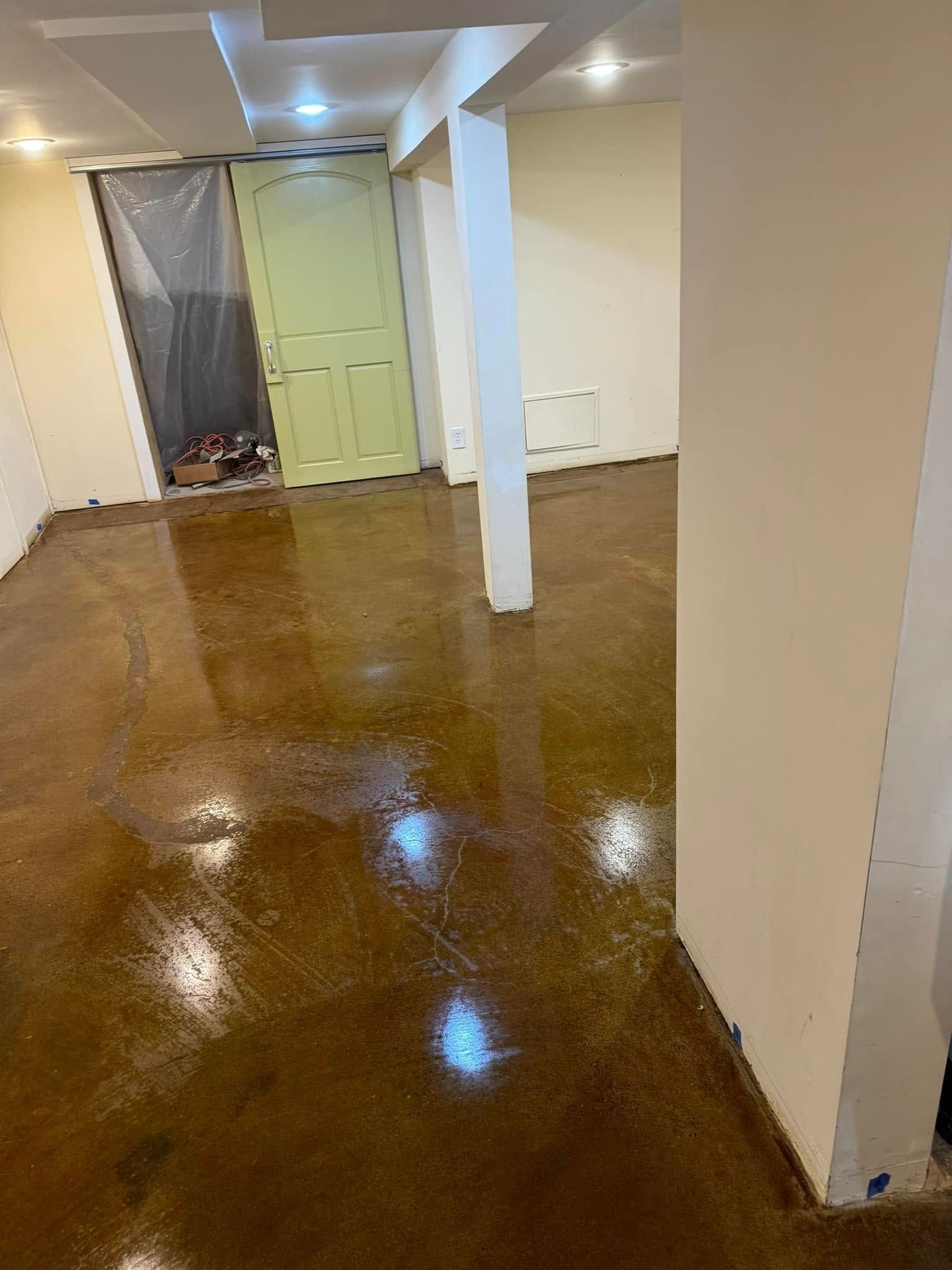 A view of a basement interior with a glossy, stained concrete floor, a pale green door, and a white structural column.