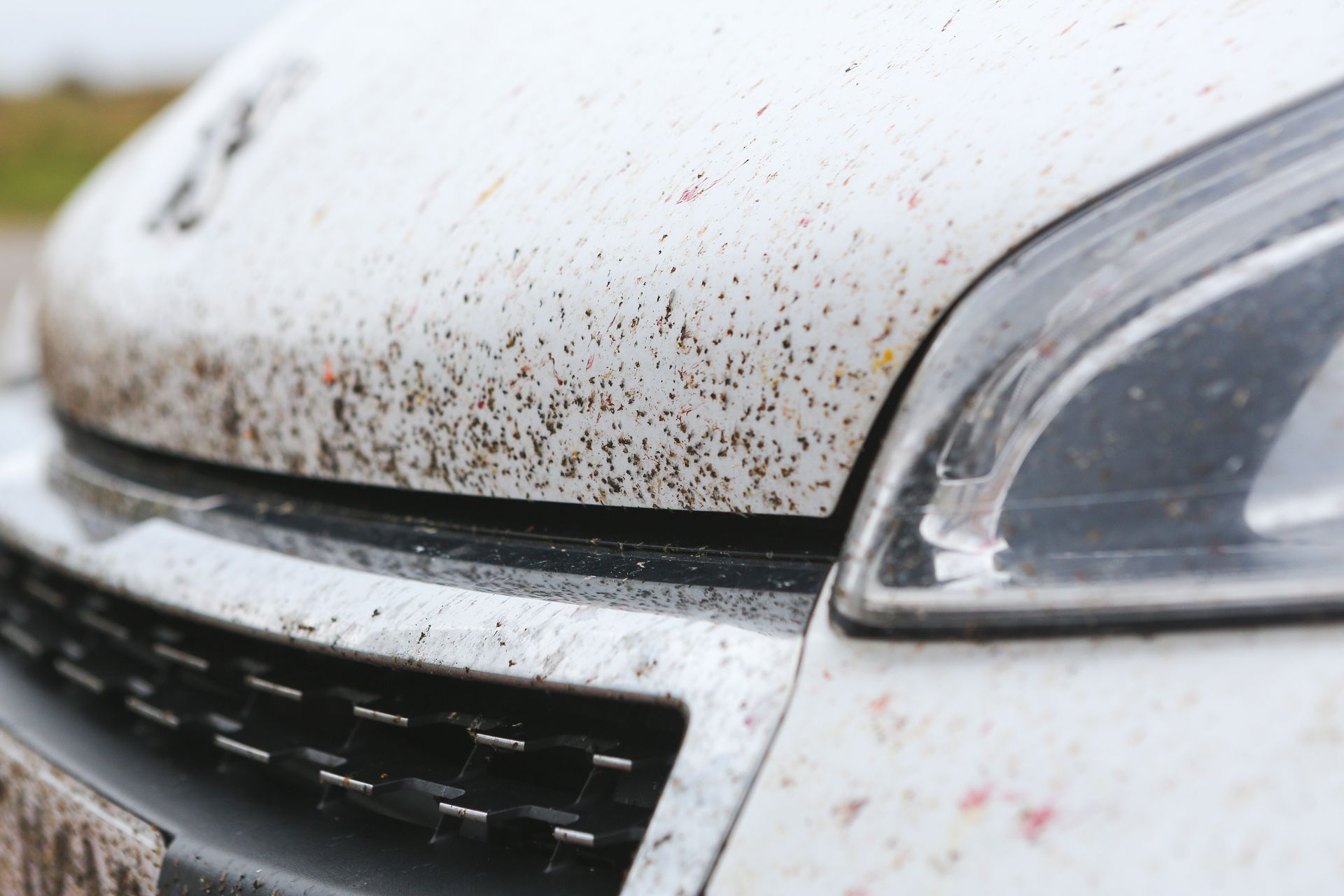 Close-up of a white car’s front end covered in dirt spots and grime