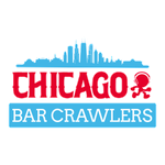 A red and blue logo for chicago bar crawlers