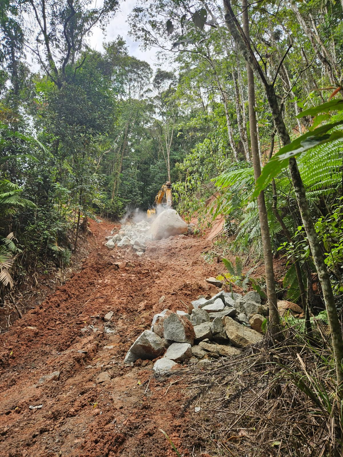 An Excavator Clearing Rocks on a Dirt Road in a Forest — STJ Earthmoving in Lakeland, QLD