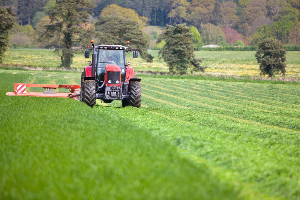 Red Tractor Mowing a Green Field, Trees in the Background — STJ Earthmoving in Mount Molloy, QLD