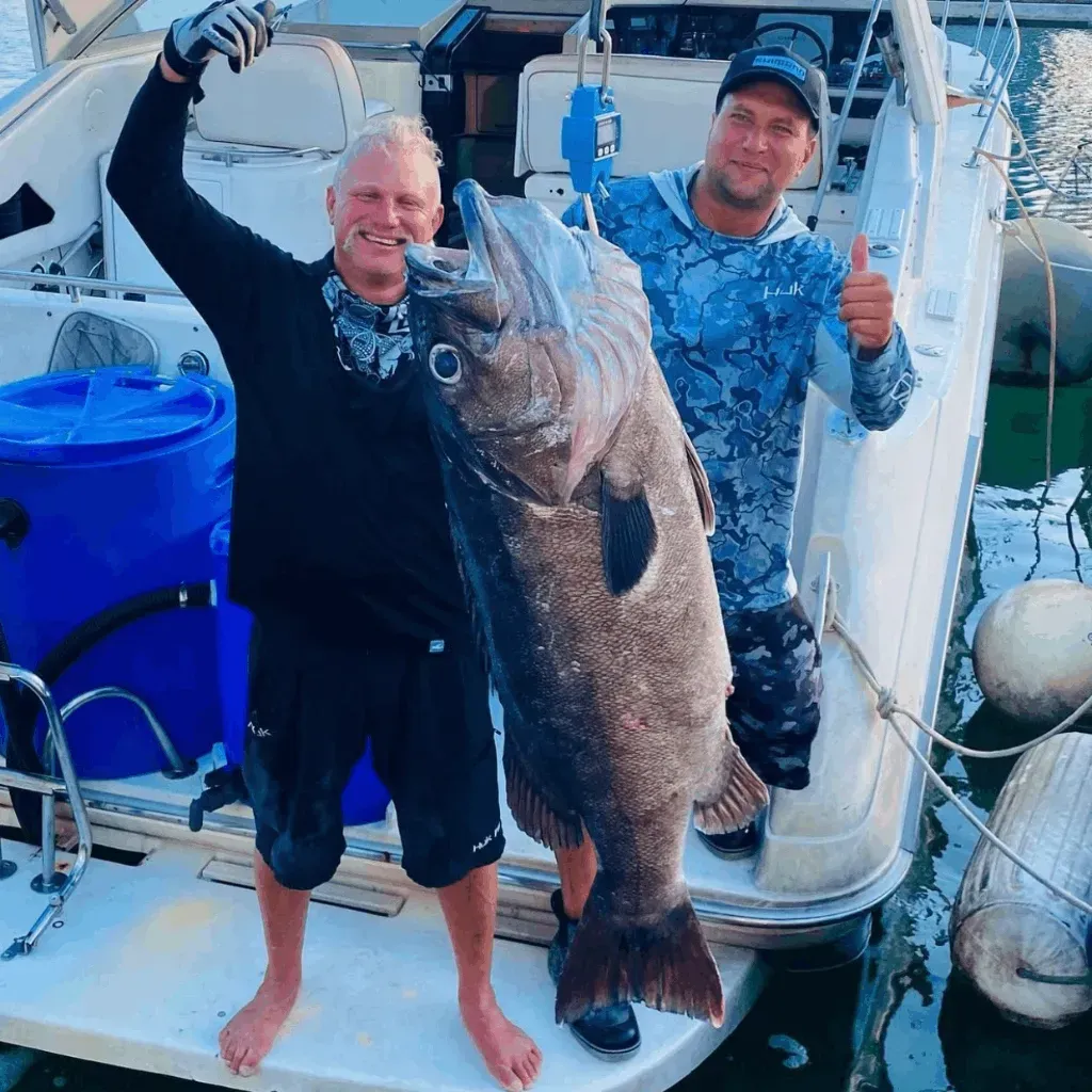 Two men standing on a boat holding a large fish