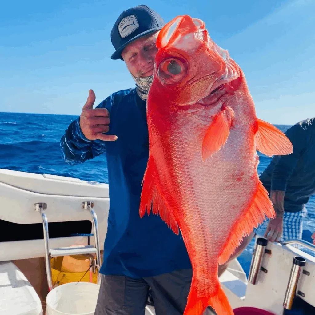 A man on a boat is holding a large red fish and giving a thumbs up