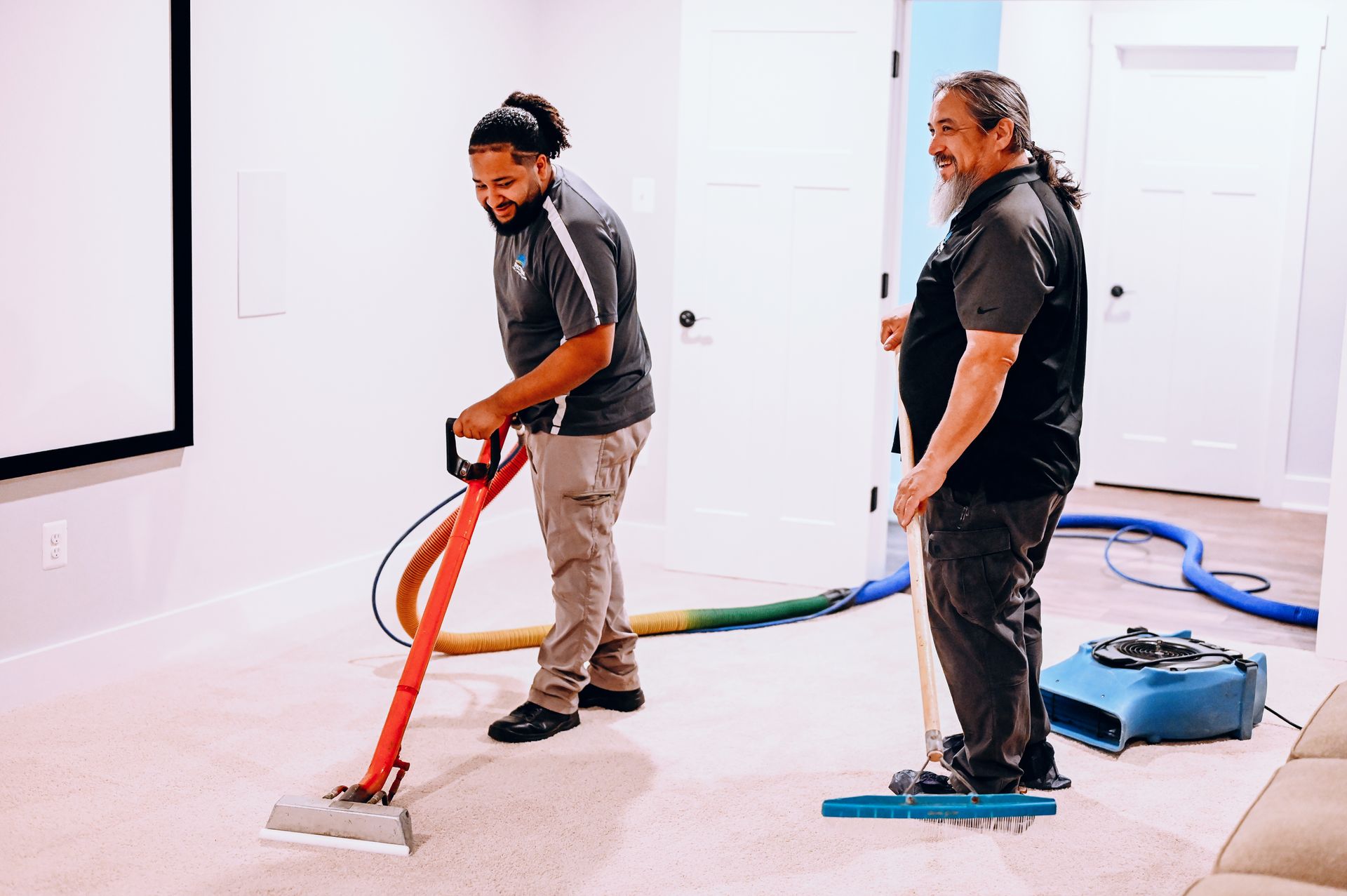 Two people cleaning carpet with a steam extractor in a bright room