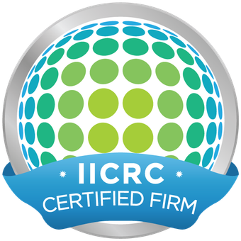 IICRC Certified Firm logo with blue ribbon and green-and-blue dotted globe