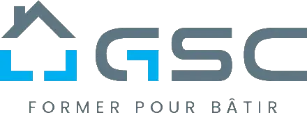 Logo de GSC : une icône de maison combinée avec « GSC » dans un schéma de couleurs bleu et gris, avec le texte « Former pour Bâtir » en dessous.