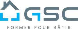 Logo de GSC : une icône de maison combinée avec « GSC » dans un schéma de couleurs bleu et gris, avec le texte « Former pour Bâtir » en dessous.