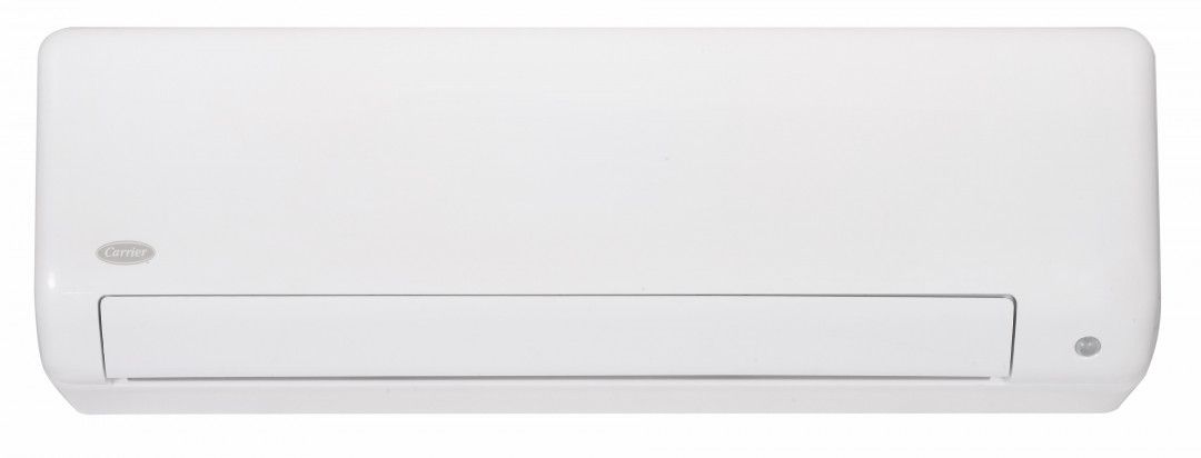 White wall-mounted air conditioner unit on a plain background