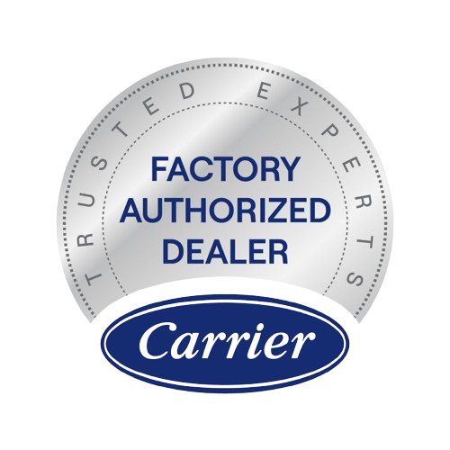 Carrier Factory Authorized Dealer logo with blue and gray seal