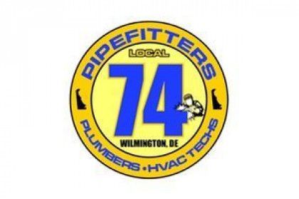 Local 74 Pipefitters and Plumbers-HVAC logo in blue and yellow with Wilmington, DE text