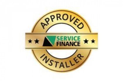 Gold “Approved Installer” badge with Service Finance logo and stars