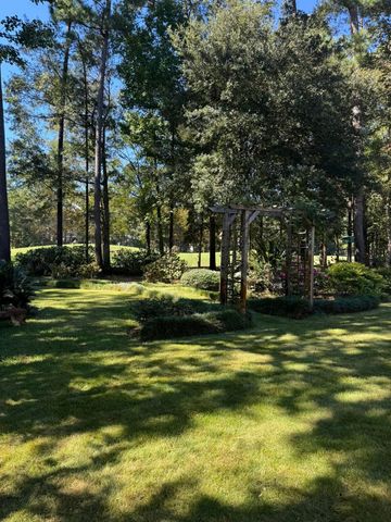A grassy yard with scattered trees and dappled sunlight, featuring a wooden garden arbor in the mid-ground.