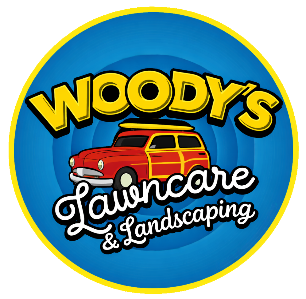 A circular logo for Woody&rsquo;s Lawncare & Landscaping featuring a red woody station wagon on a blue background.