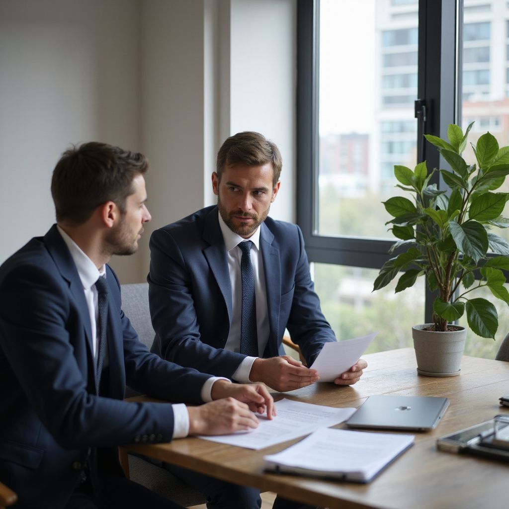 Two men in suits at a table reviewing documents, next to a window and plant.