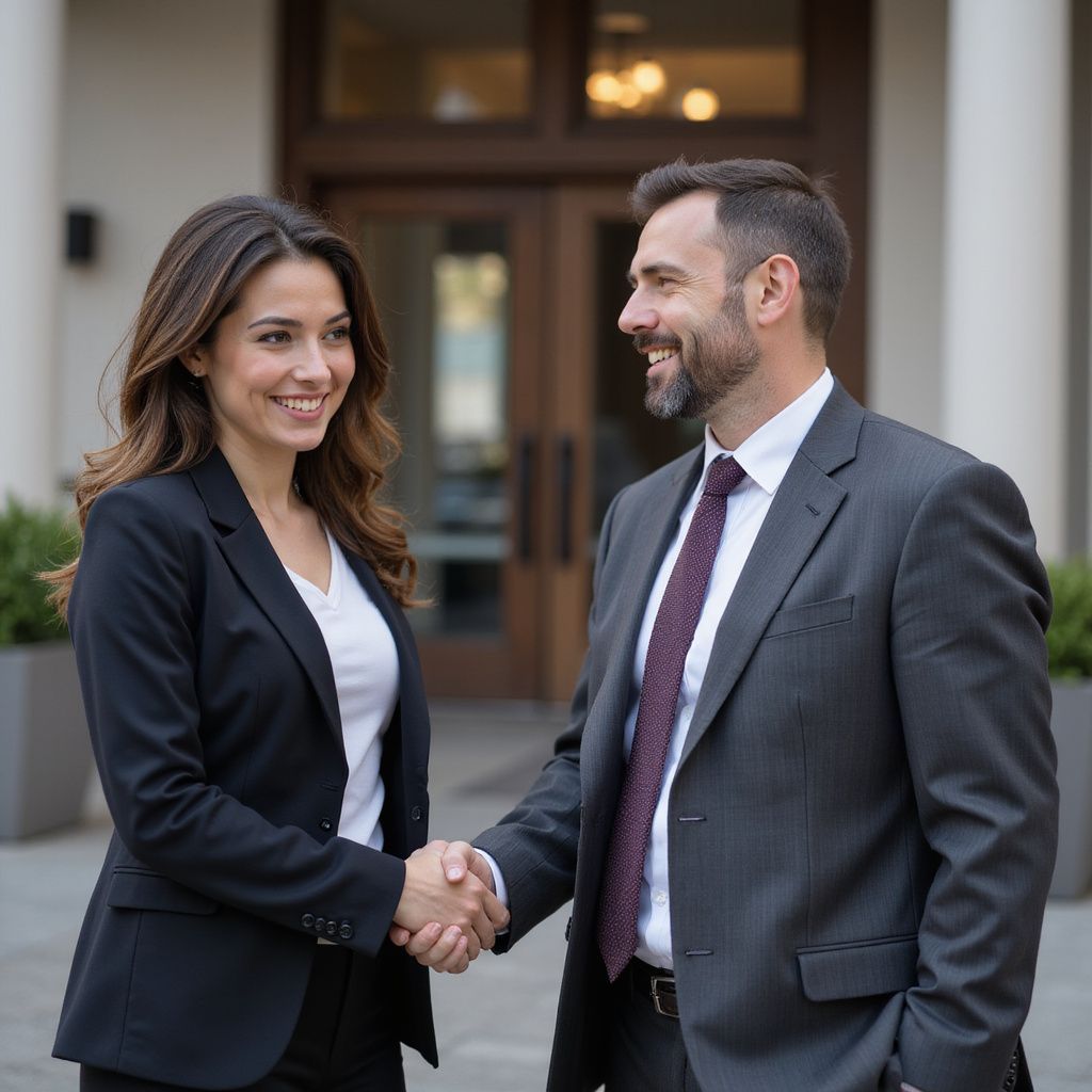 Woman and man in suits shaking hands, smiling, outside a building with glass doors.