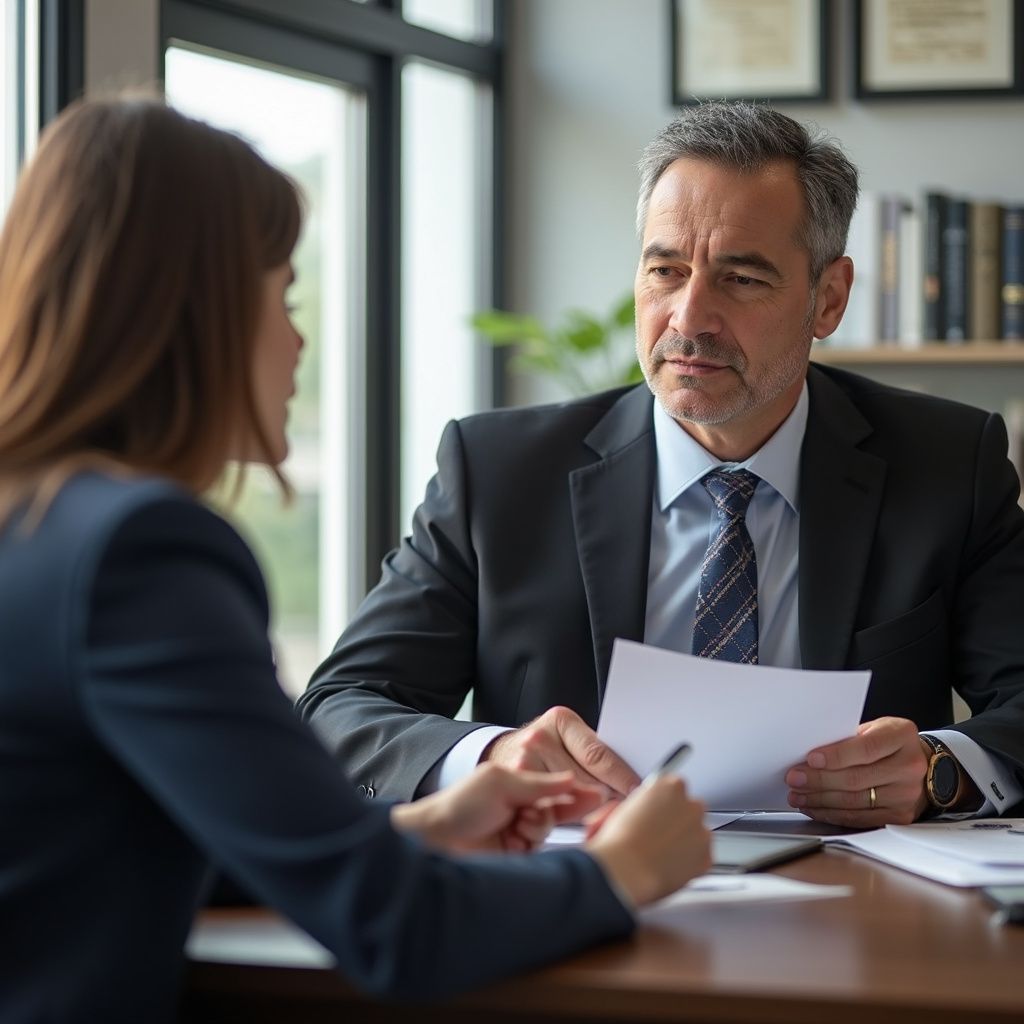 Man and woman in suits reviewing documents at a table.