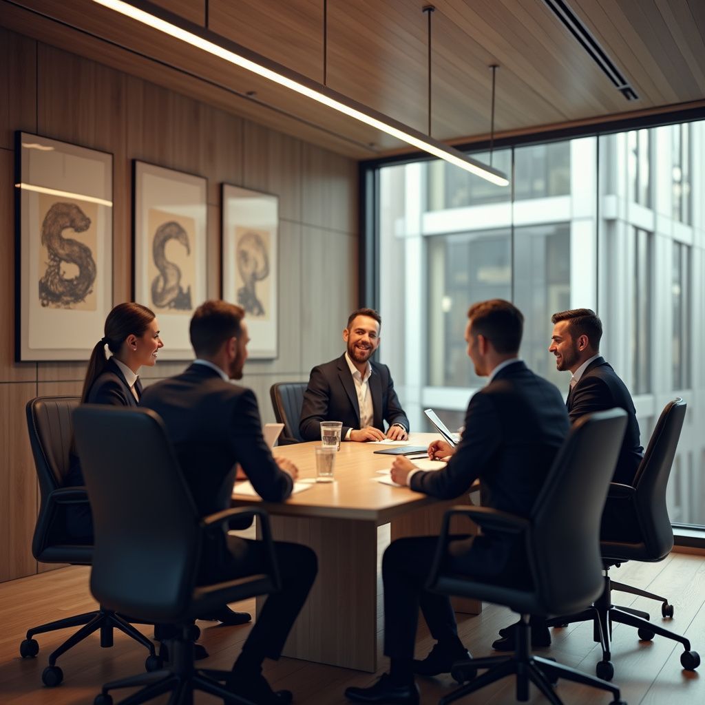 Business meeting in a modern office. Five people in suits sit around a table, one smiling, others writing.