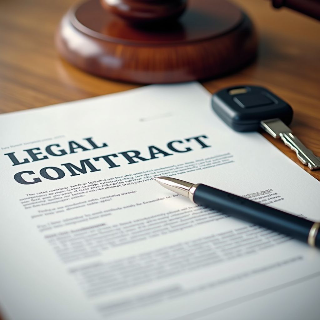 Legal contract with a pen, car key, and gavel on a wooden surface.