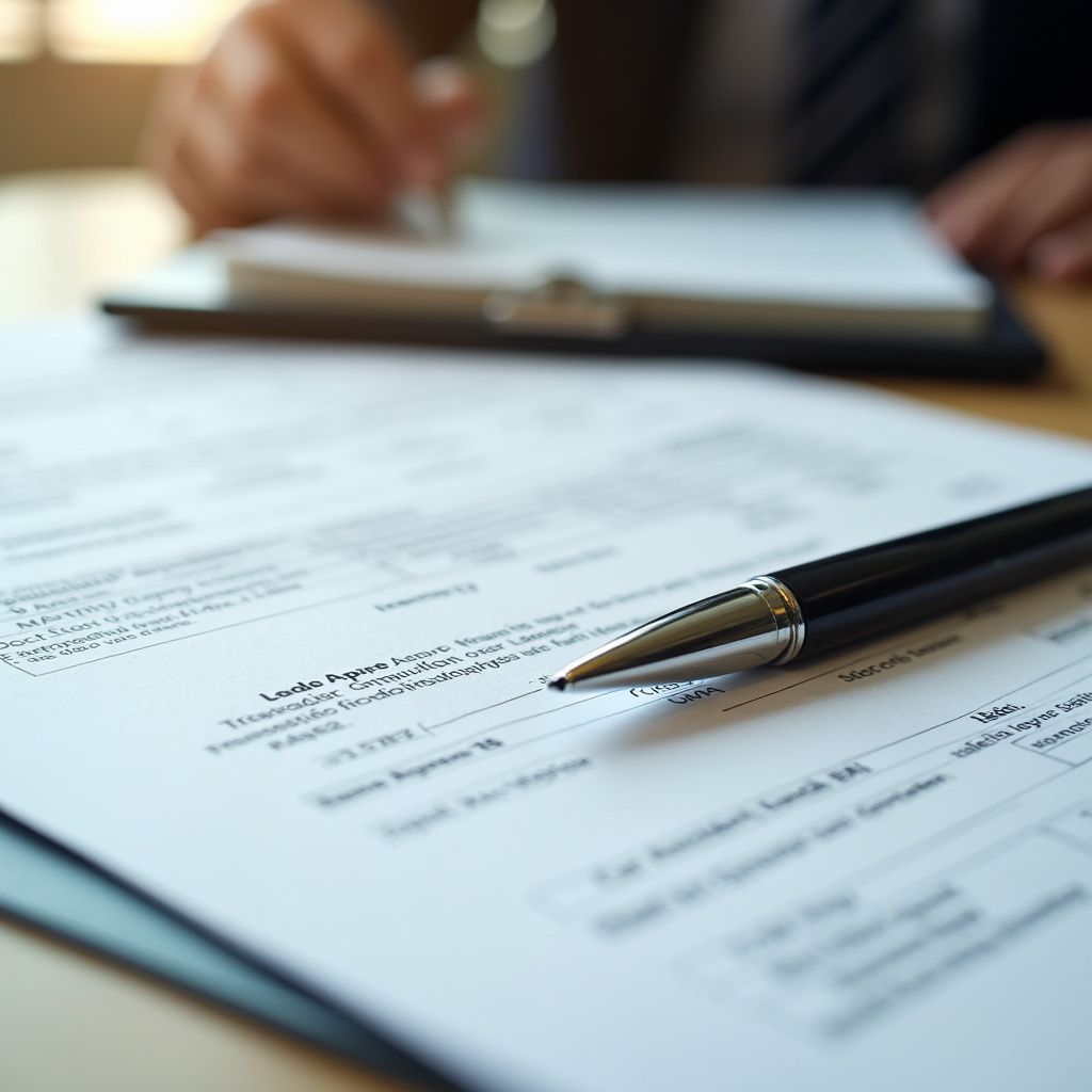 Close-up of paperwork with pen; person in background holding clipboard, about to write.