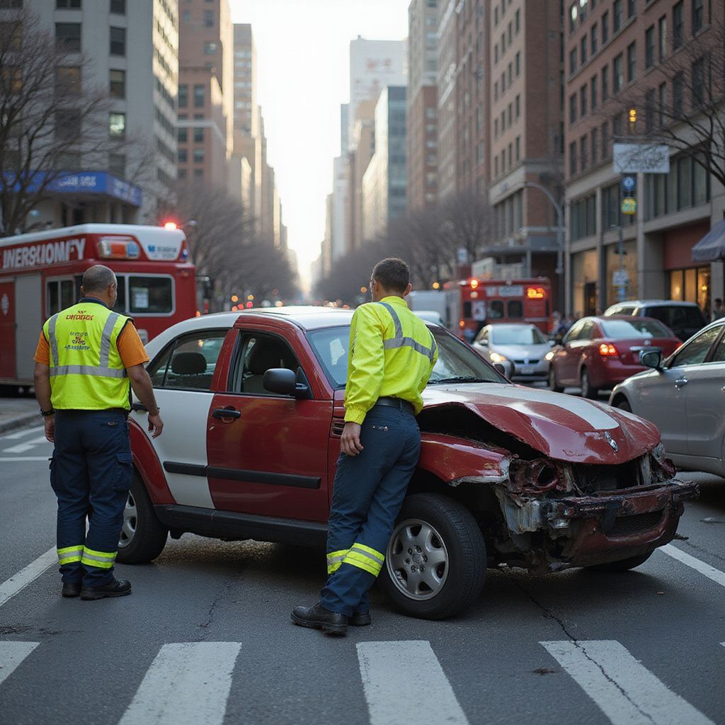 Two emergency responders at a car accident in a city street. Damaged red and white car.