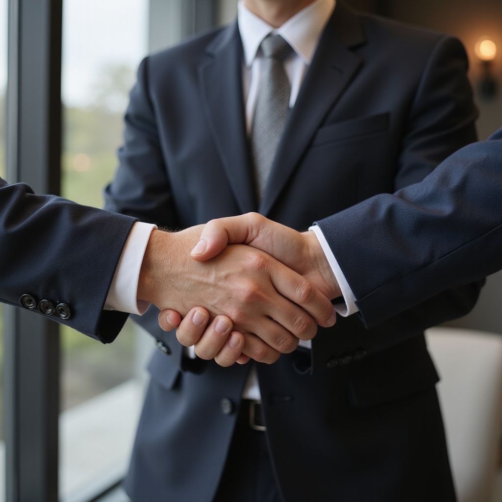 Two businesspeople shaking hands, both wearing dark suits.