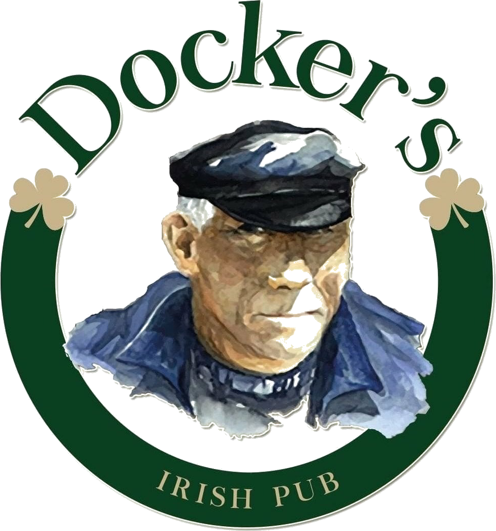 Logo del Docker's Irish Pub: uomo con cappello da marinaio, stile acquerello, all'interno di un cerchio verde con trifogli.