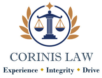 Logo for Corinis Law featuring scales of justice, wheat sprigs, and the words 