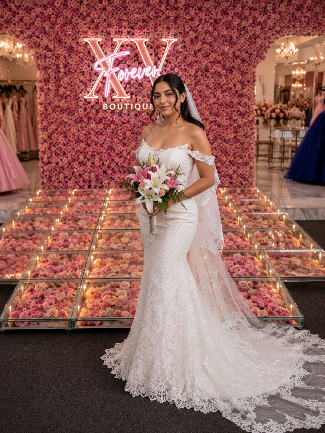 A woman in a wedding dress and veil is standing in front of a wall of flowers.