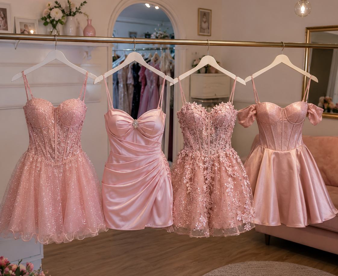 A pink ball gown is sitting on top of a bed.