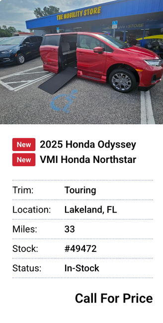 Red 2025 Honda Odyssey van with ramp, parked in front of a store, marked handicap spot.