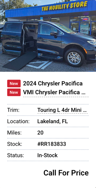 Dark blue wheelchair-accessible 2024 Chrysler Pacifica in front of "The Mobility Store" in Lakeland, FL.