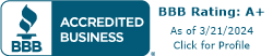 A blue and white sign that says bbb accredited business