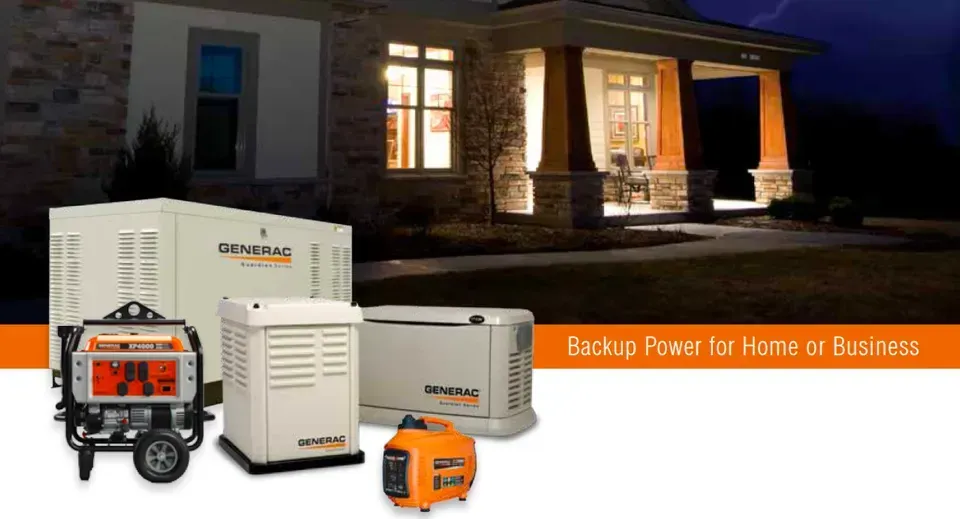 Several generators are in front of a house that says backup power for homes or business