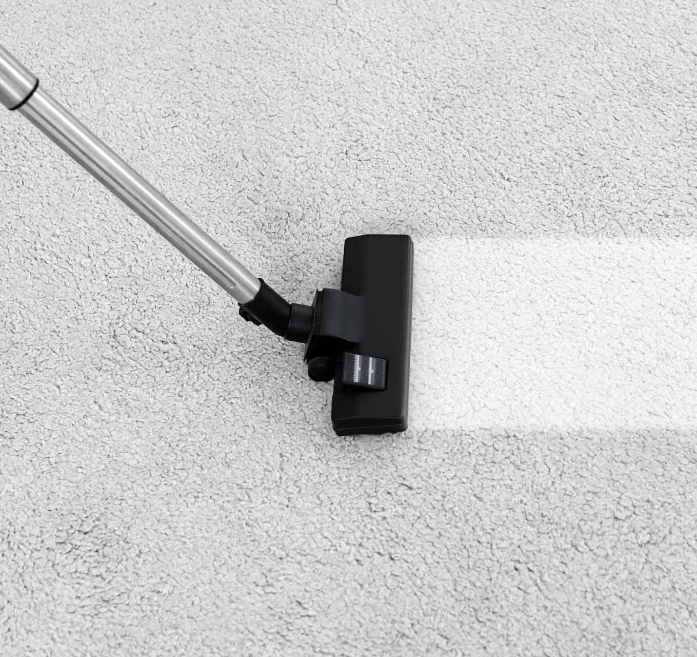Black vacuum floor head with silver handle on a light speckled carpet.