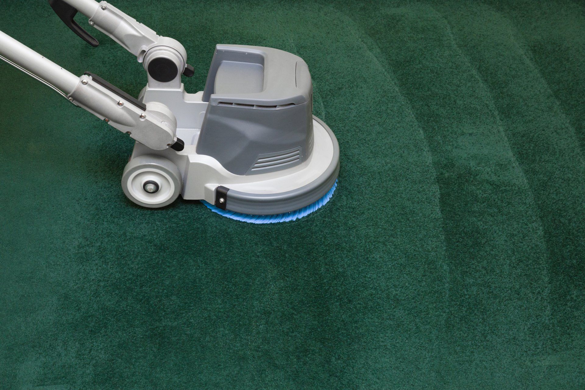 Floor buffer cleaning green carpet