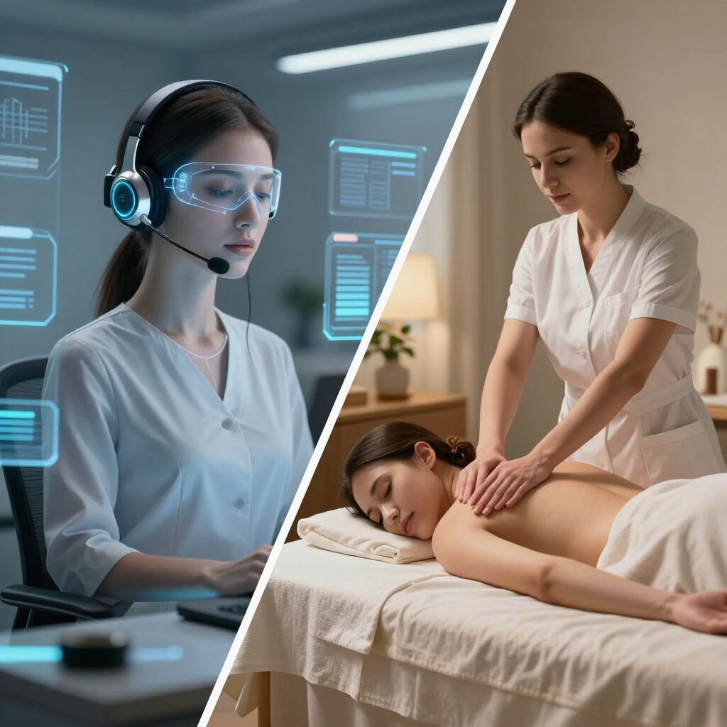 Split-screen of a headset-wearing customer service agent and a massage therapist working on clients