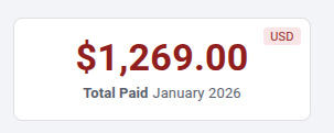 Dashboard card showing $1,269.00 total paid for January 2026, in USD
