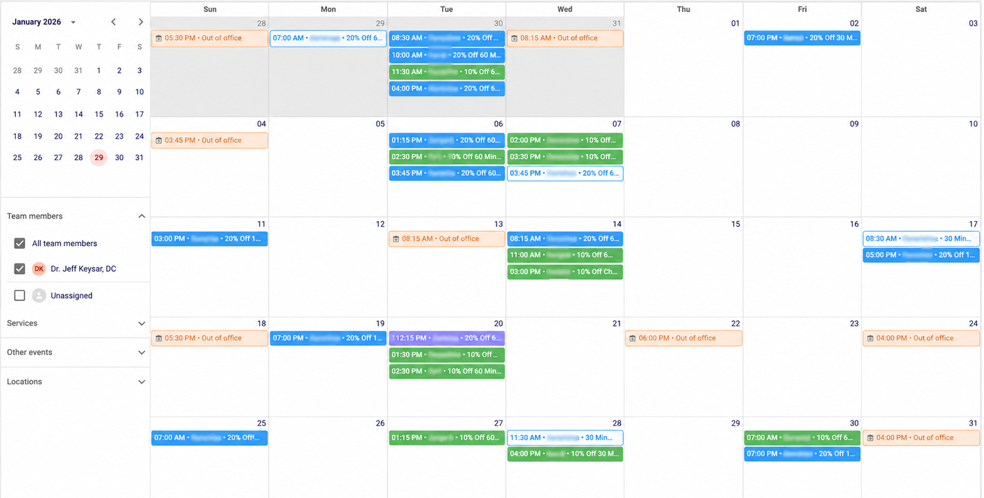 Monthly calendar view with colored event blocks spread across several days and columns.