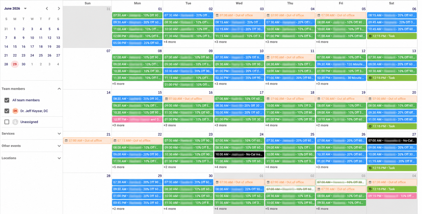Weekly calendar view with color-coded event blocks across multiple days and times