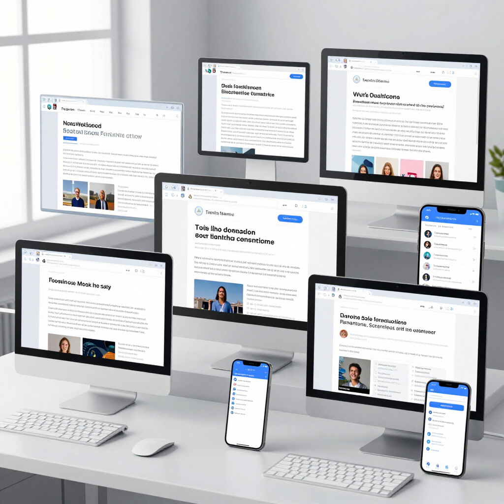 Multiple devices displaying website layouts on screens in a clean office setting