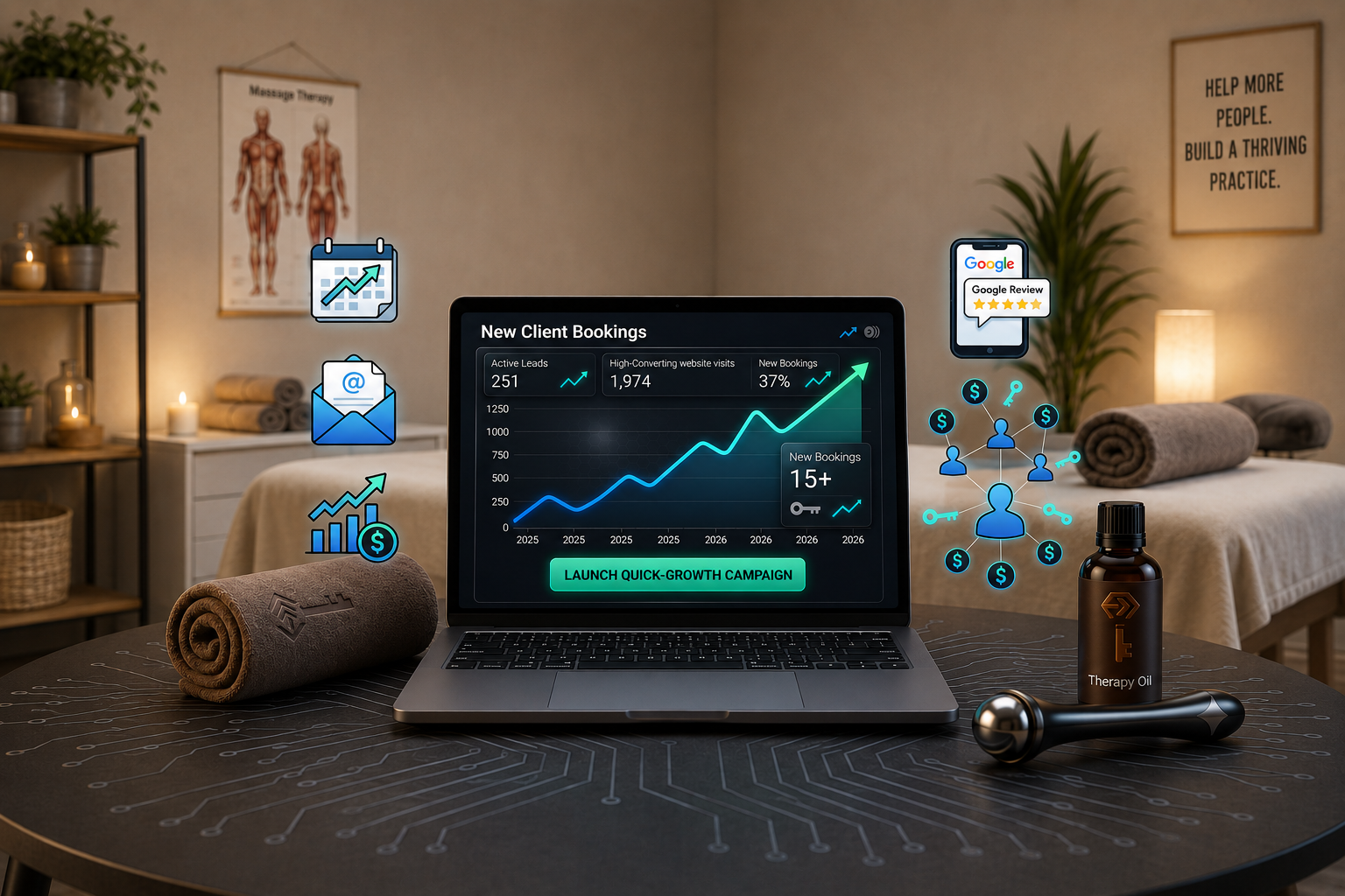 Laptop displaying a glowing analytics chart on a desk with plants, decor, and fitness items in a warm room