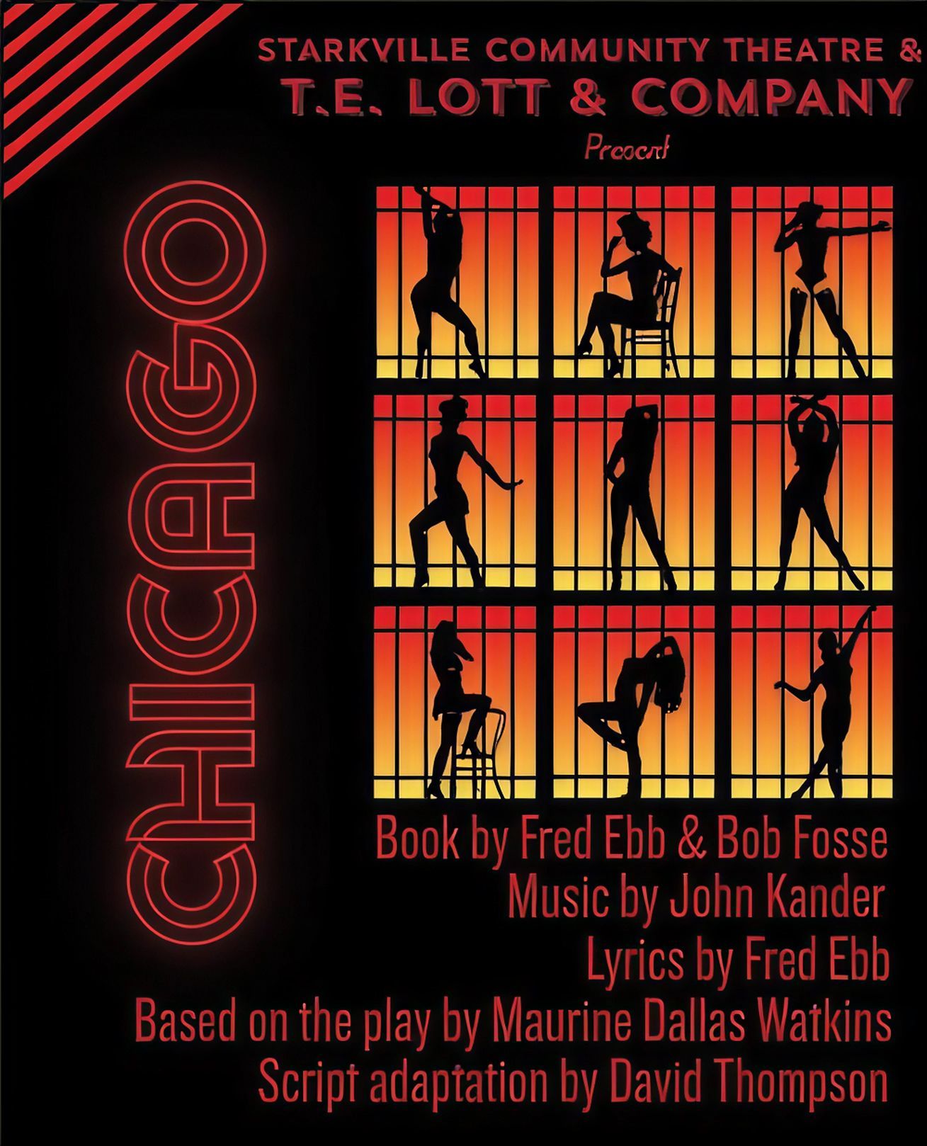 Poster for the musical Chicago, featuring silhouettes of figures in barred windows against an orange, glowing background.