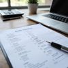 Audit checklist with a pen, laptop, and calculator on a wooden desk.