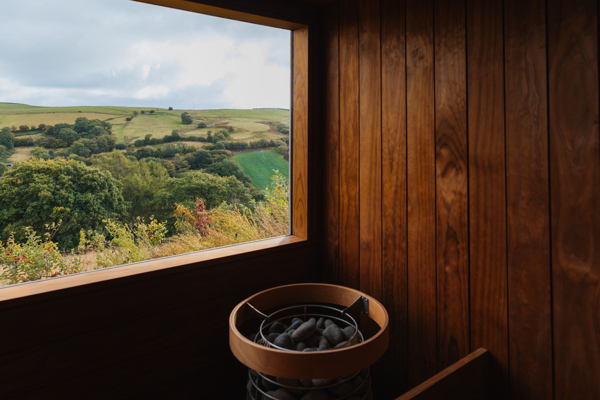The sauna at Welsh Lavender with views over a rolling valley