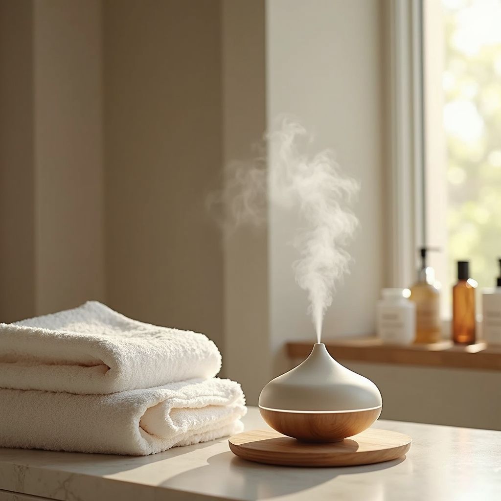 A mist diffuser on a wooden base next to a stack of white towels on a bathroom counter near a window.