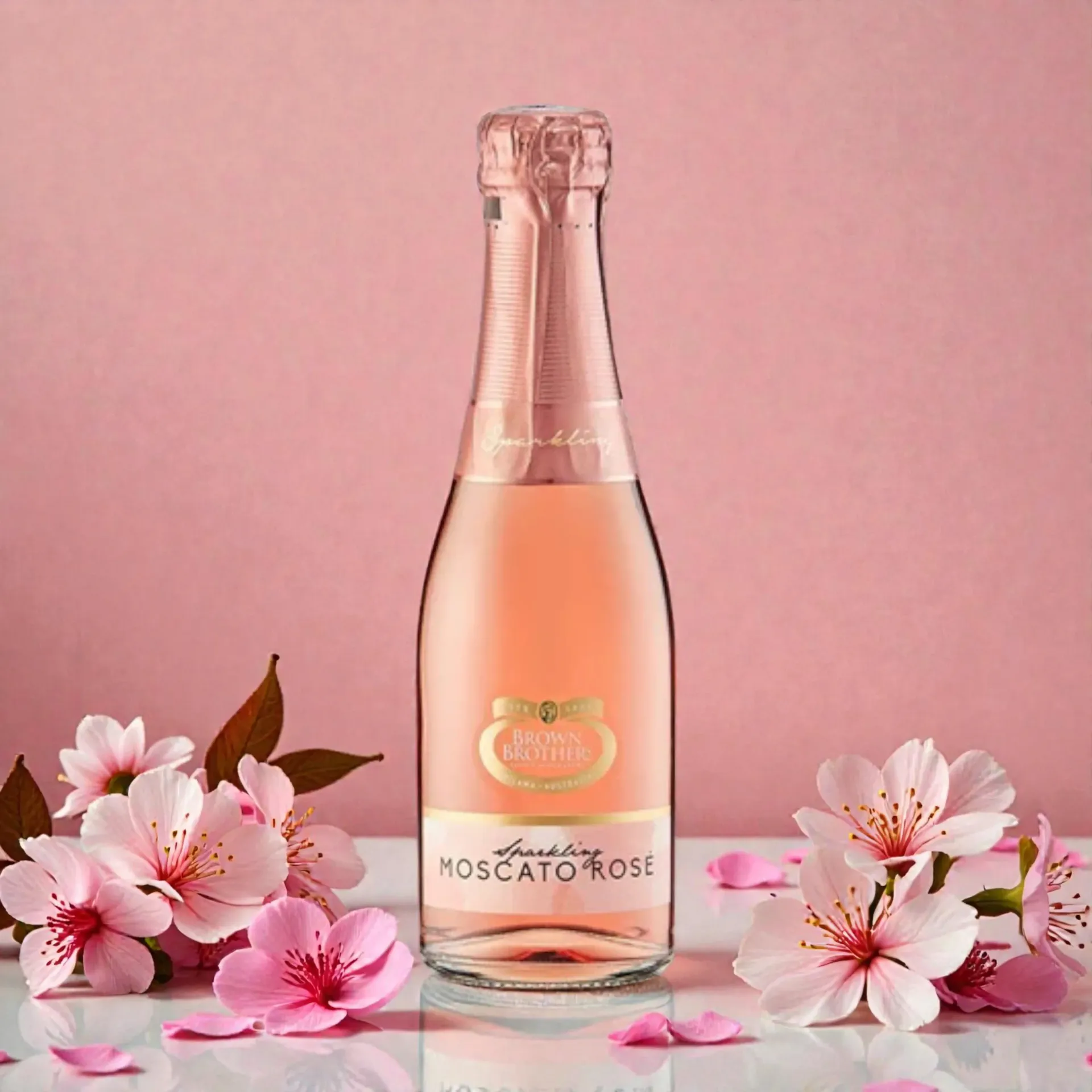Pink sparkling rosé bottle surrounded by pink blossoms on a soft pink background