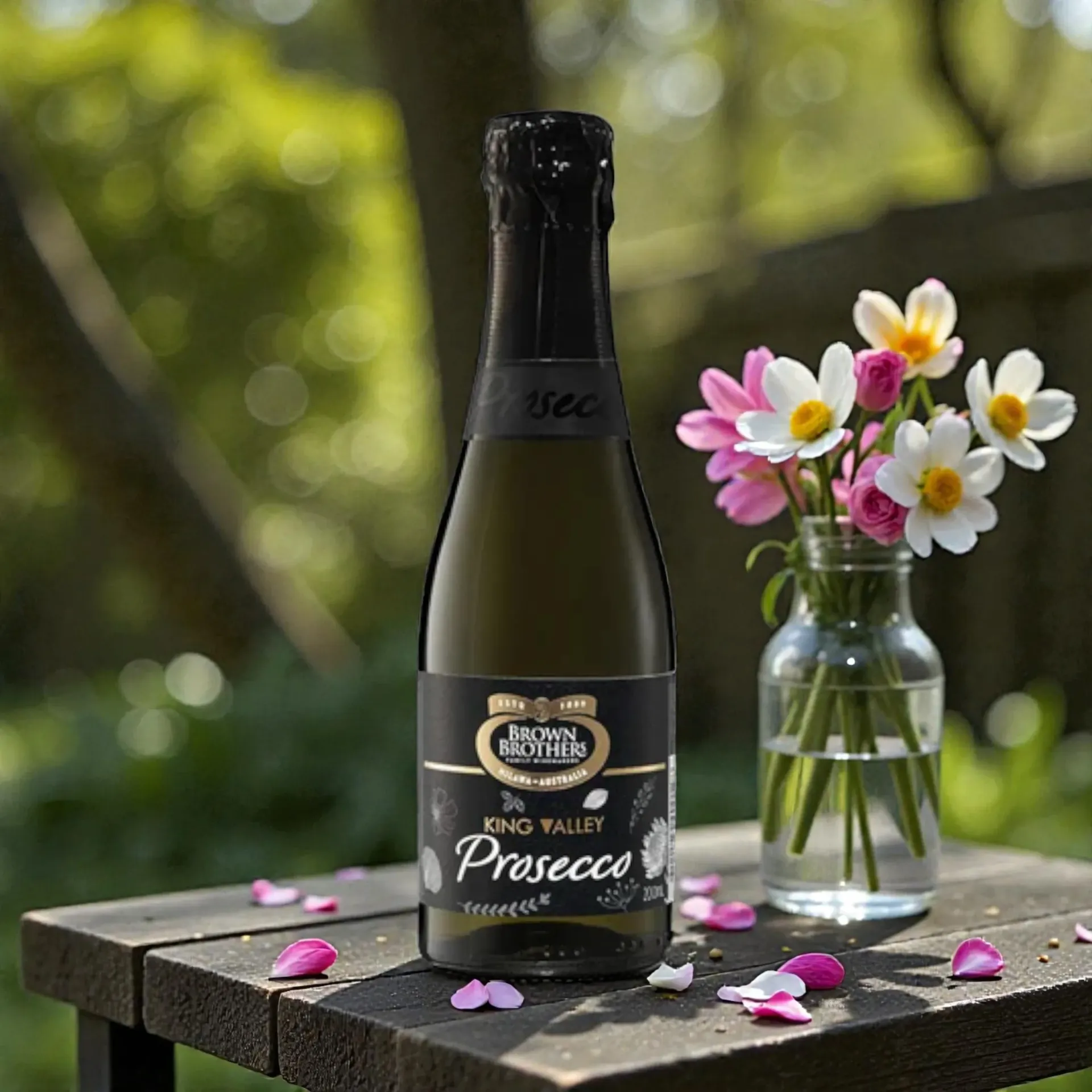 Bottle of Prosecco on a wooden table with pink petals and a vase of pink-and-white flowers outdoors